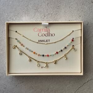 Camila Coelho Gold Layered Anklet Set – Beaded & Charm Detail 9”+1”